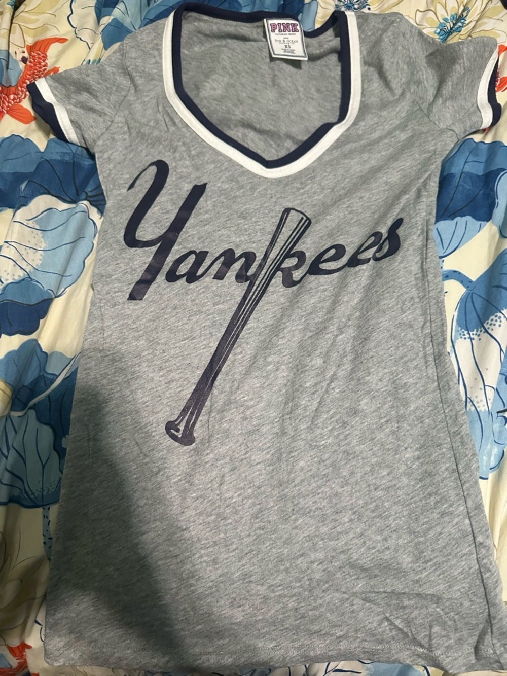 PINK Victoria's Secret Gray Tee with Navy Trim